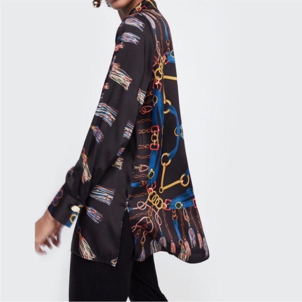 ZARA BLOGGER FAVE Black & Blue Chain Scarf Printed Long Tunic Blouse Top XS - Picture 6 of 17
